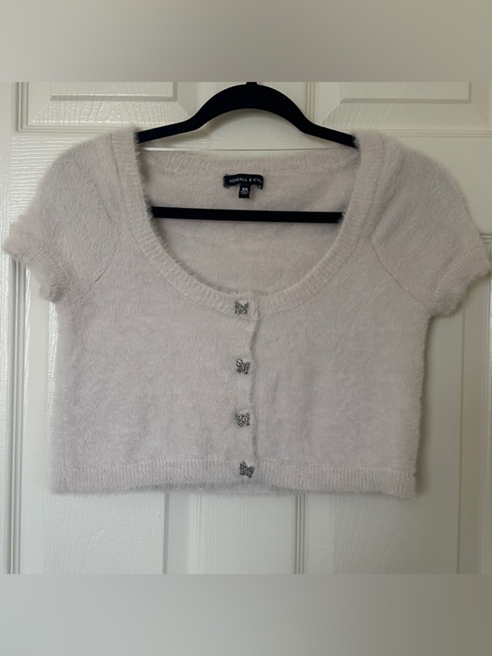 PacSun Fuzzy Cropped Cardigan XS Cream Butterfly Rhinestone Button Y2K Top Soft